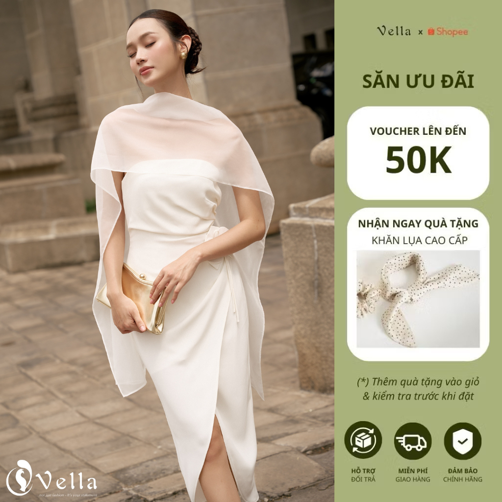 Đầm cúp ngực ôm dự tiệc màu trắng kèm khăn choàng voan - Vella Fashion VD25064
