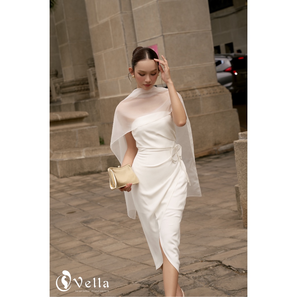 Đầm cúp ngực ôm dự tiệc màu trắng kèm khăn choàng voan - Vella Fashion VD25064
