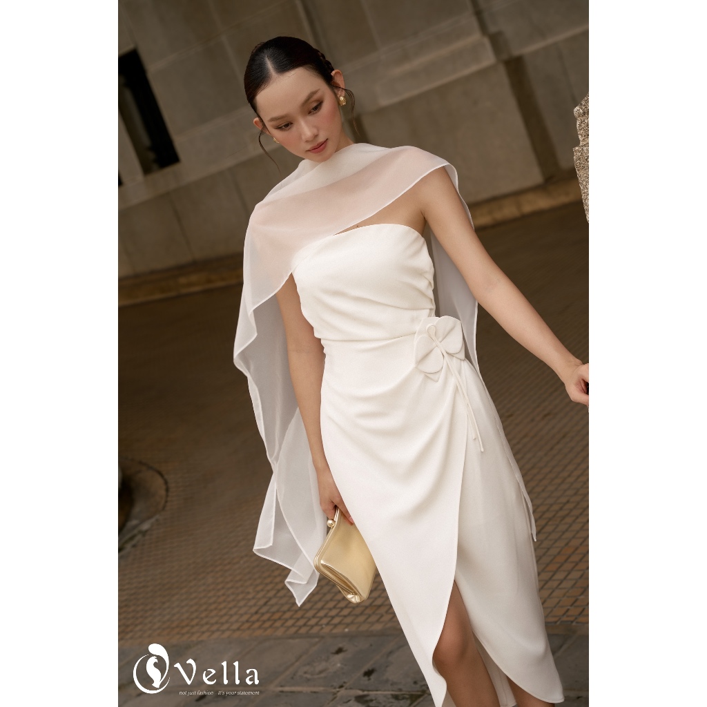 Đầm cúp ngực ôm dự tiệc màu trắng kèm khăn choàng voan - Vella Fashion VD25064