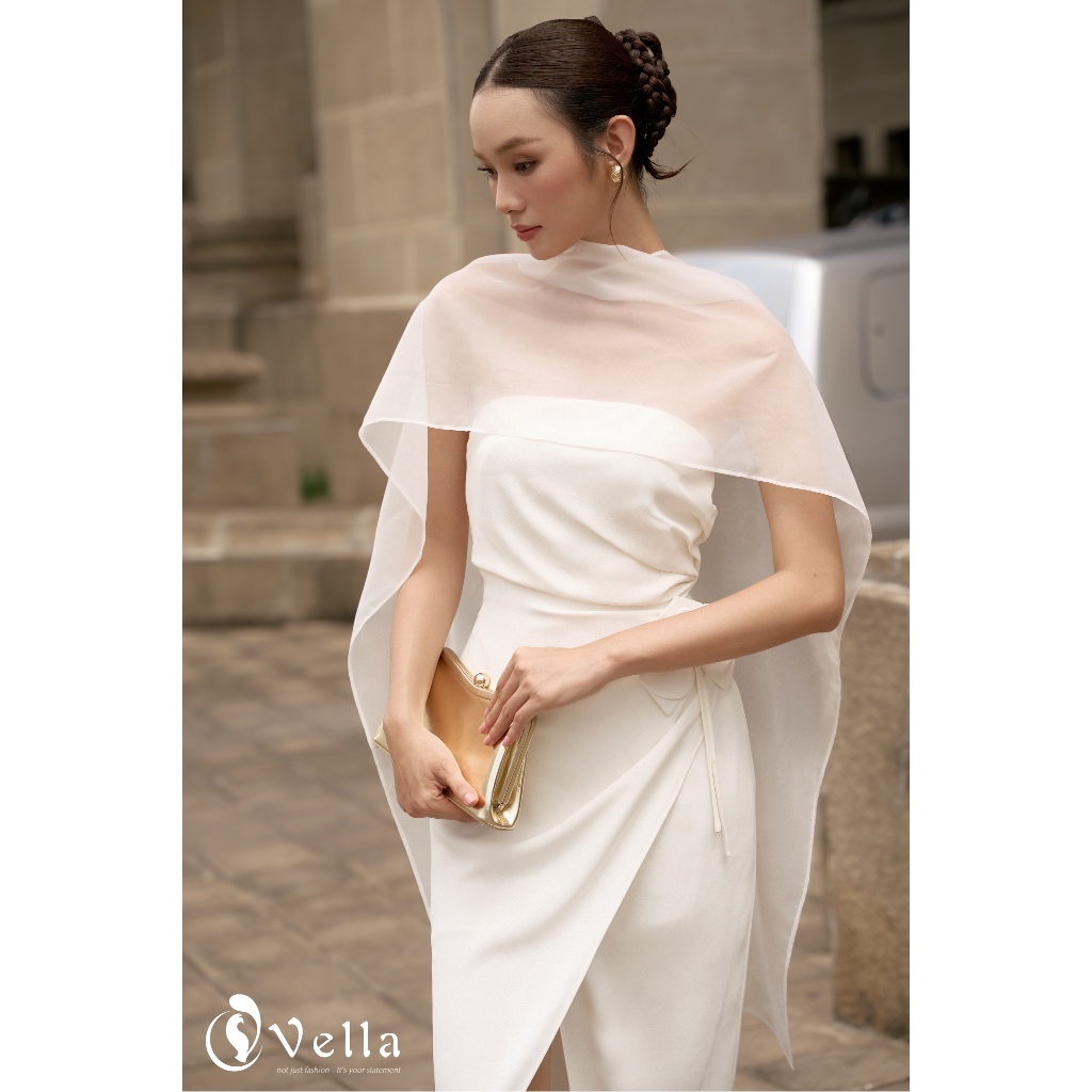Đầm cúp ngực ôm dự tiệc màu trắng kèm khăn choàng voan - Vella Fashion VD25064