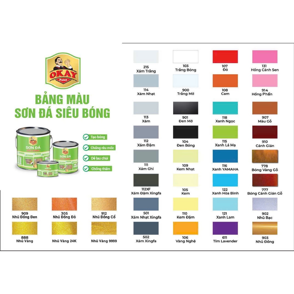 {Lon 800gram} SƠN ĐÁ SIÊU BÓNG OKAY - Nhiều màu sắc, độ phủ cao dùng cho ghế đá, bếp, gạch
