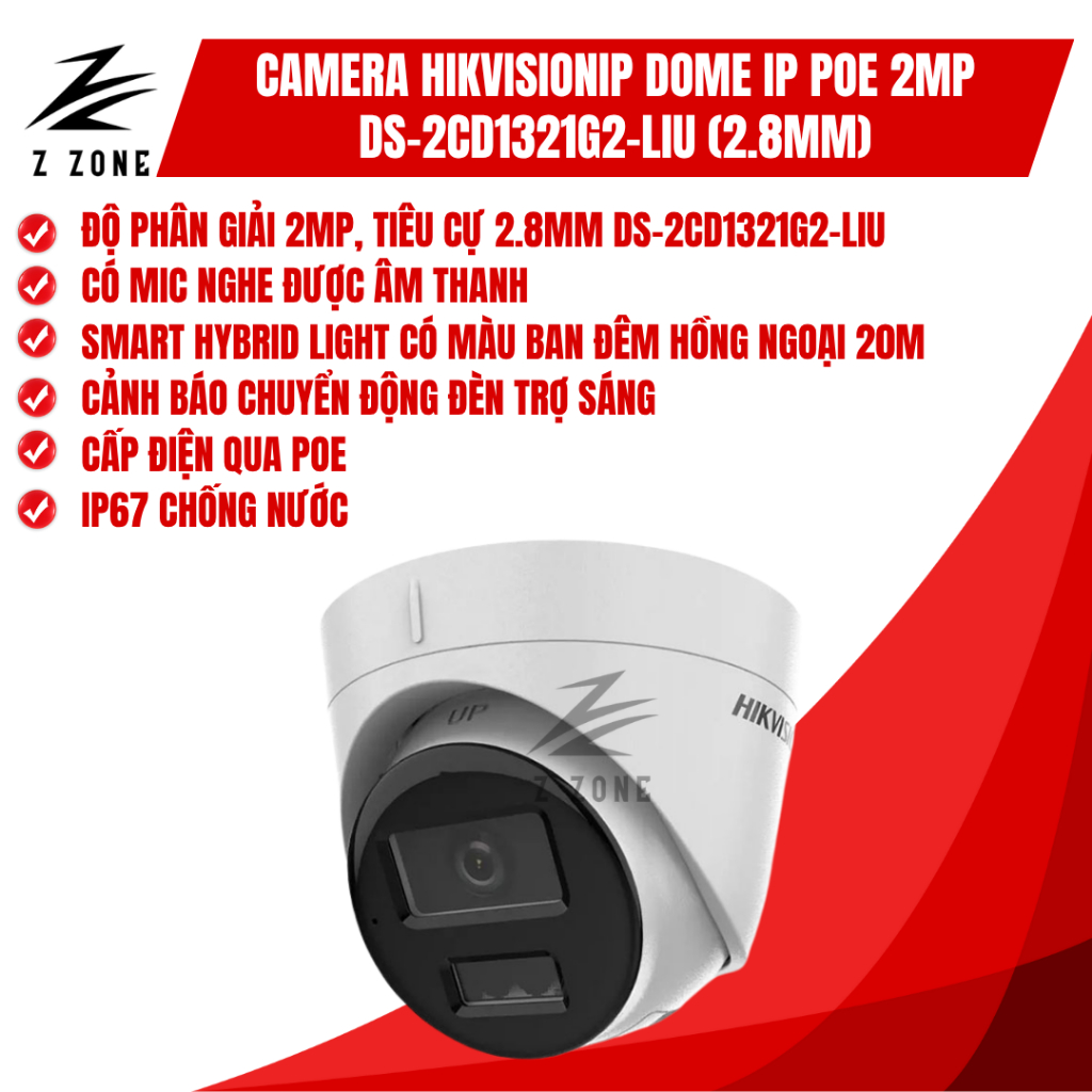 Camera IP thân trụ POE Hikvision DS-2CD1321G2-LIU (2.8MM)|Hồng ngoại 2MP|Có mic | Đèn trợ sáng|
