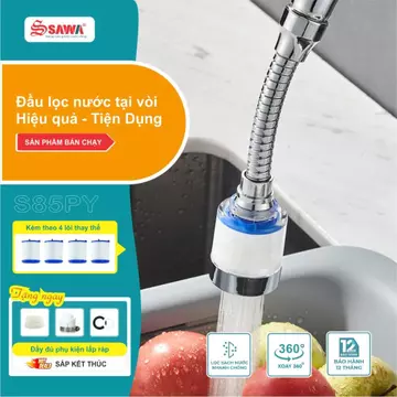 Combo S85PY Sawa: Đầu lọc nước tại vòi dây mềm + 04 lõi lọc bông PP - Vòi lọc sạch nước tăng áp kết hợp hạt lọc