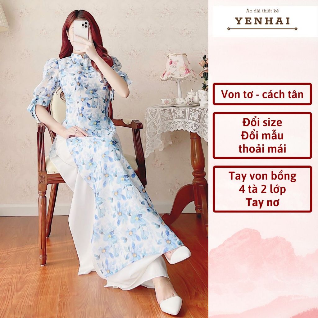 Áo dài cách tân 4 tà 2 lớp hoa xanh thiết kế tay bồng nơ chất von tơ cao cấp - CT1613