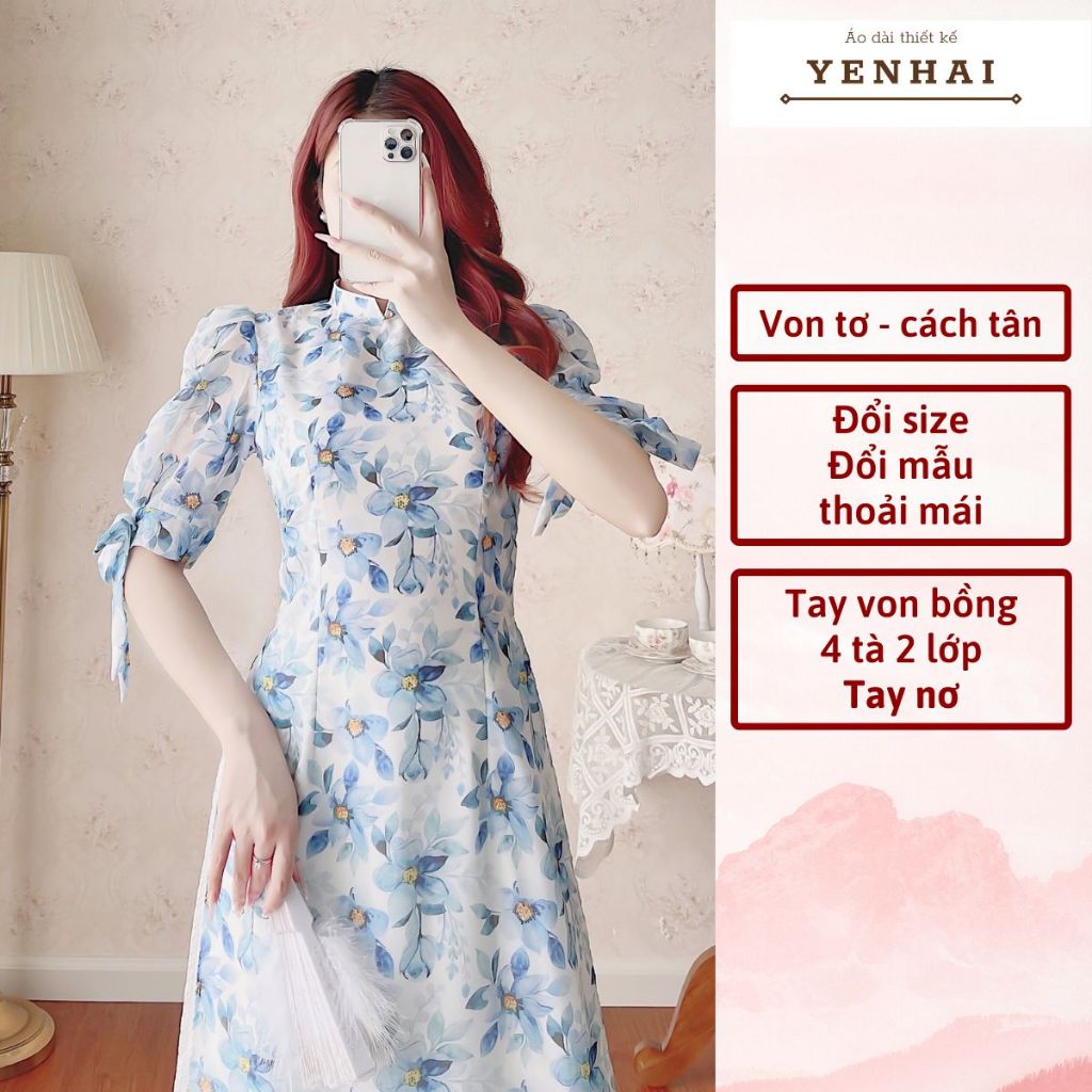 Áo dài cách tân 4 tà 2 lớp hoa xanh thiết kế tay bồng nơ chất von tơ cao cấp - CT1613