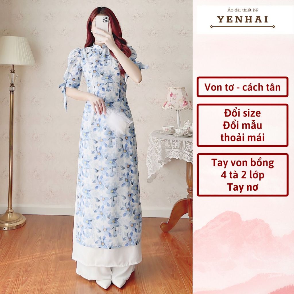 Áo dài cách tân 4 tà 2 lớp hoa xanh thiết kế tay bồng nơ chất von tơ cao cấp - CT1613