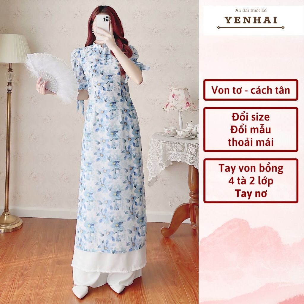 Áo dài cách tân 4 tà 2 lớp hoa xanh thiết kế tay bồng nơ chất von tơ cao cấp - CT1613