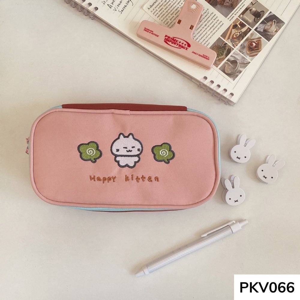 Bóp viết , hộp đựng bút đứng form cho học sinh các cấp vừa máy tính thêu thỏ kitten PKV066 ggastore