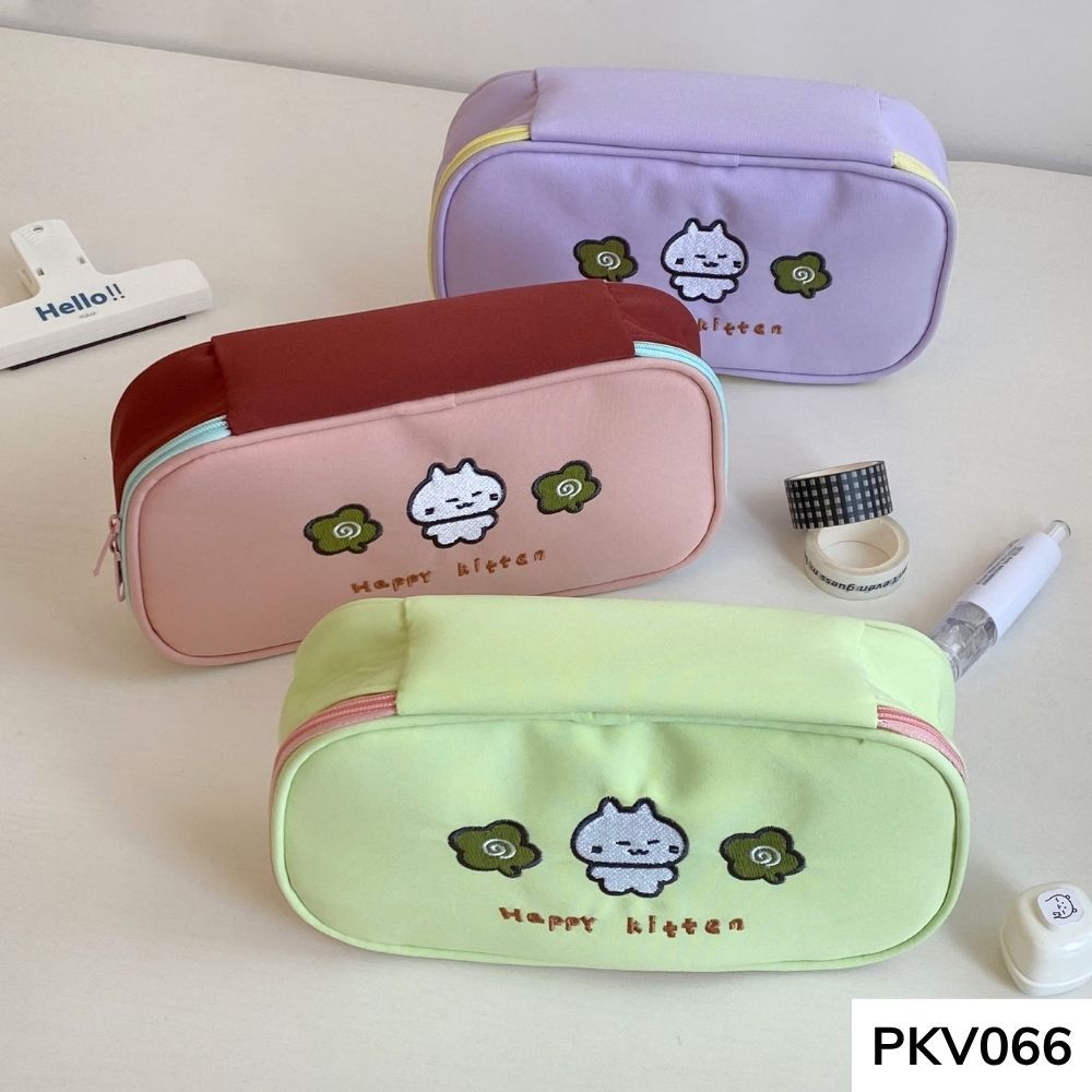 Bóp viết , hộp đựng bút đứng form cho học sinh các cấp vừa máy tính thêu thỏ kitten PKV066 ggastore
