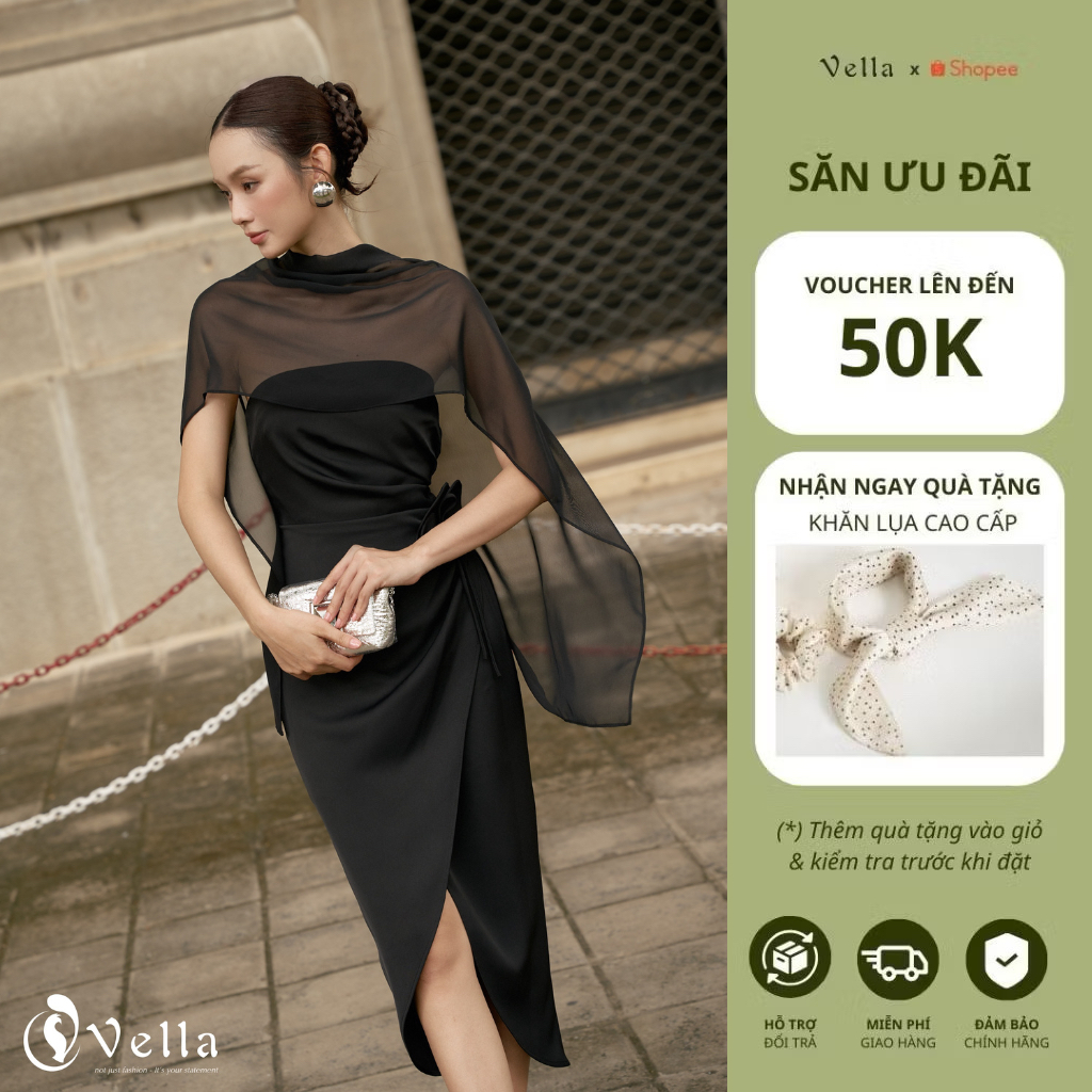 Đầm cúp ngực ôm dự tiệc màu đen kèm khăn choàng voan - Vella Fashion VD25064