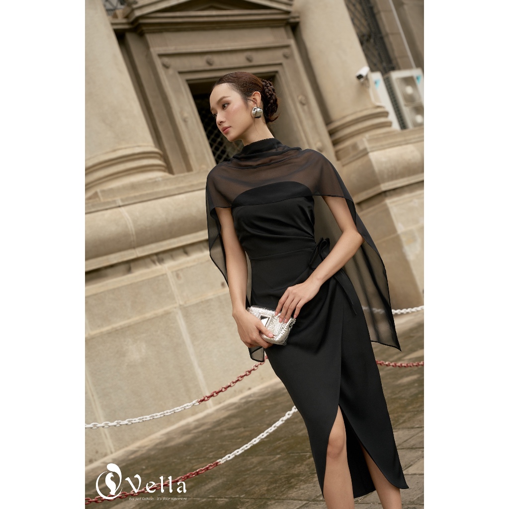 Đầm cúp ngực ôm dự tiệc màu đen kèm khăn choàng voan - Vella Fashion VD25064
