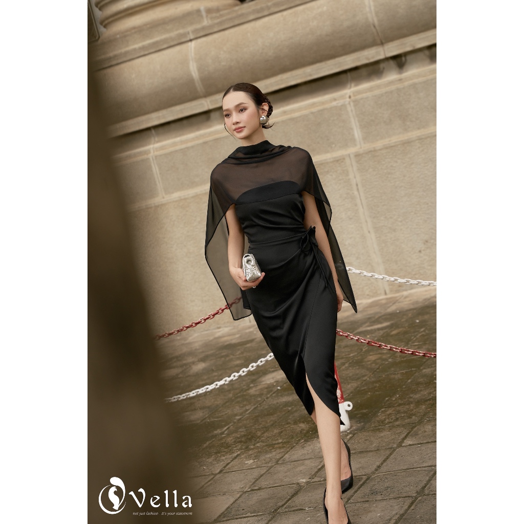 Đầm cúp ngực ôm dự tiệc màu đen kèm khăn choàng voan - Vella Fashion VD25064