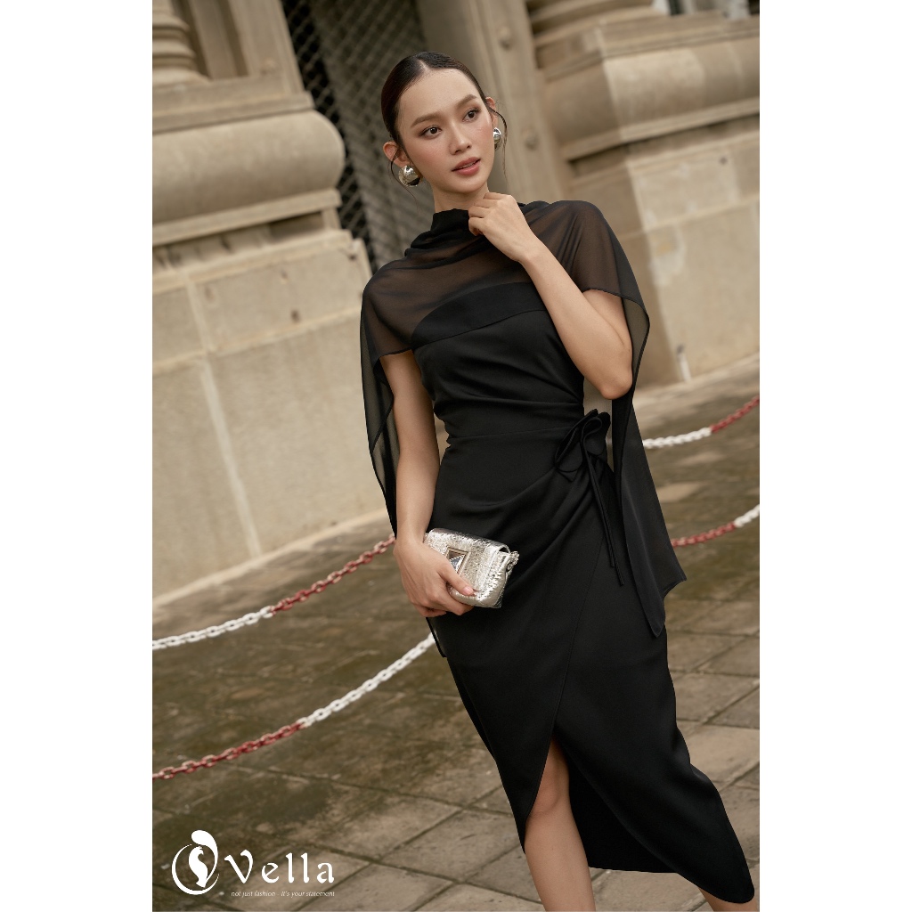 Đầm cúp ngực ôm dự tiệc màu đen kèm khăn choàng voan - Vella Fashion VD25064