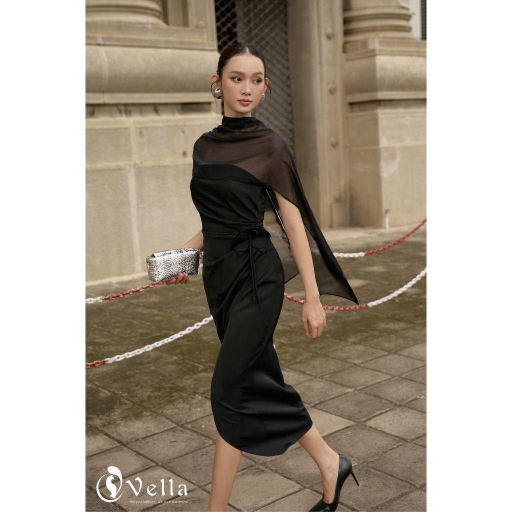 Đầm cúp ngực ôm dự tiệc màu đen kèm khăn choàng voan - Vella Fashion VD25064