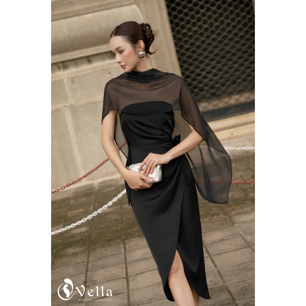 Đầm cúp ngực ôm dự tiệc màu đen kèm khăn choàng voan - Vella Fashion VD25064