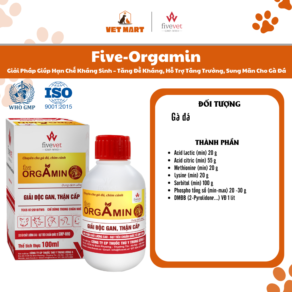 Five-Orgamin Giải Pháp Giúp Hạn Chế Kháng Sinh Tăng Đề Kháng, Hỗ Trợ Tăng Trưởng, Sung Mãn Cho Gà Đá