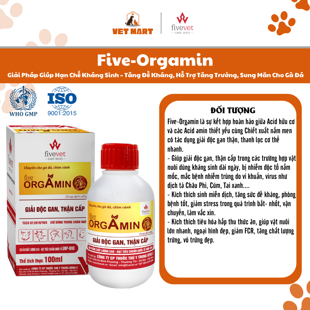 Five-Orgamin Giải Pháp Giúp Hạn Chế Kháng Sinh Tăng Đề Kháng, Hỗ Trợ Tăng Trưởng, Sung Mãn Cho Gà Đá