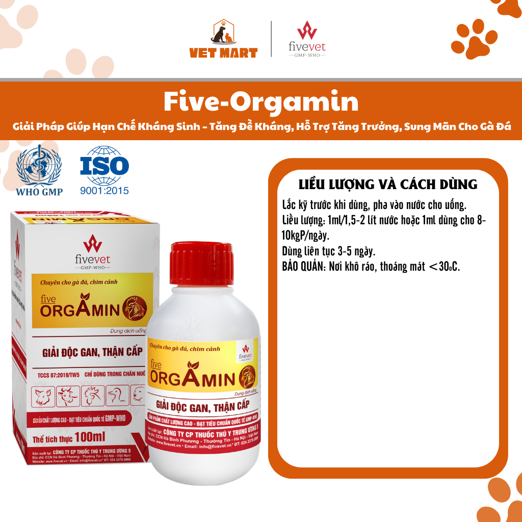 Five-Orgamin Giải Pháp Giúp Hạn Chế Kháng Sinh Tăng Đề Kháng, Hỗ Trợ Tăng Trưởng, Sung Mãn Cho Gà Đá