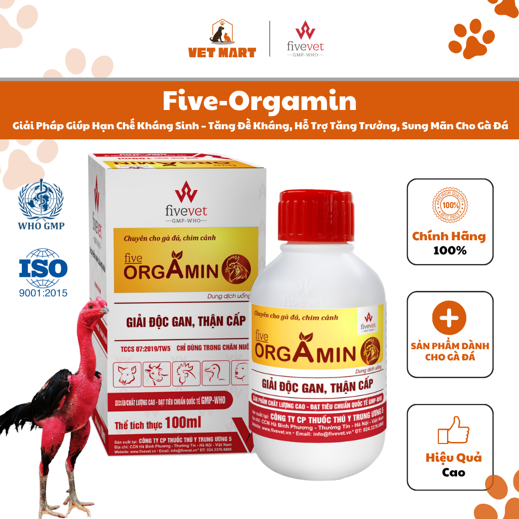 Five-Orgamin Giải Pháp Giúp Hạn Chế Kháng Sinh Tăng Đề Kháng, Hỗ Trợ Tăng Trưởng, Sung Mãn Cho Gà Đá