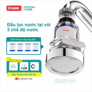 Combo S85PM Sawa: Đầu lọc nước tại vòi 3 chế độ + 4 lõi lọc bông PP-Vòi lọc nước cổ xoay 360 độ tăng áp kết hợp hạt lọc