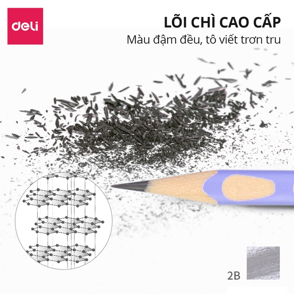 Hộp 12 Bút Chì Gỗ Deli 2B/HB – Định Vị Tay, Luyện Viết Chữ Đúng Cách – Học Sinh Tiểu Học