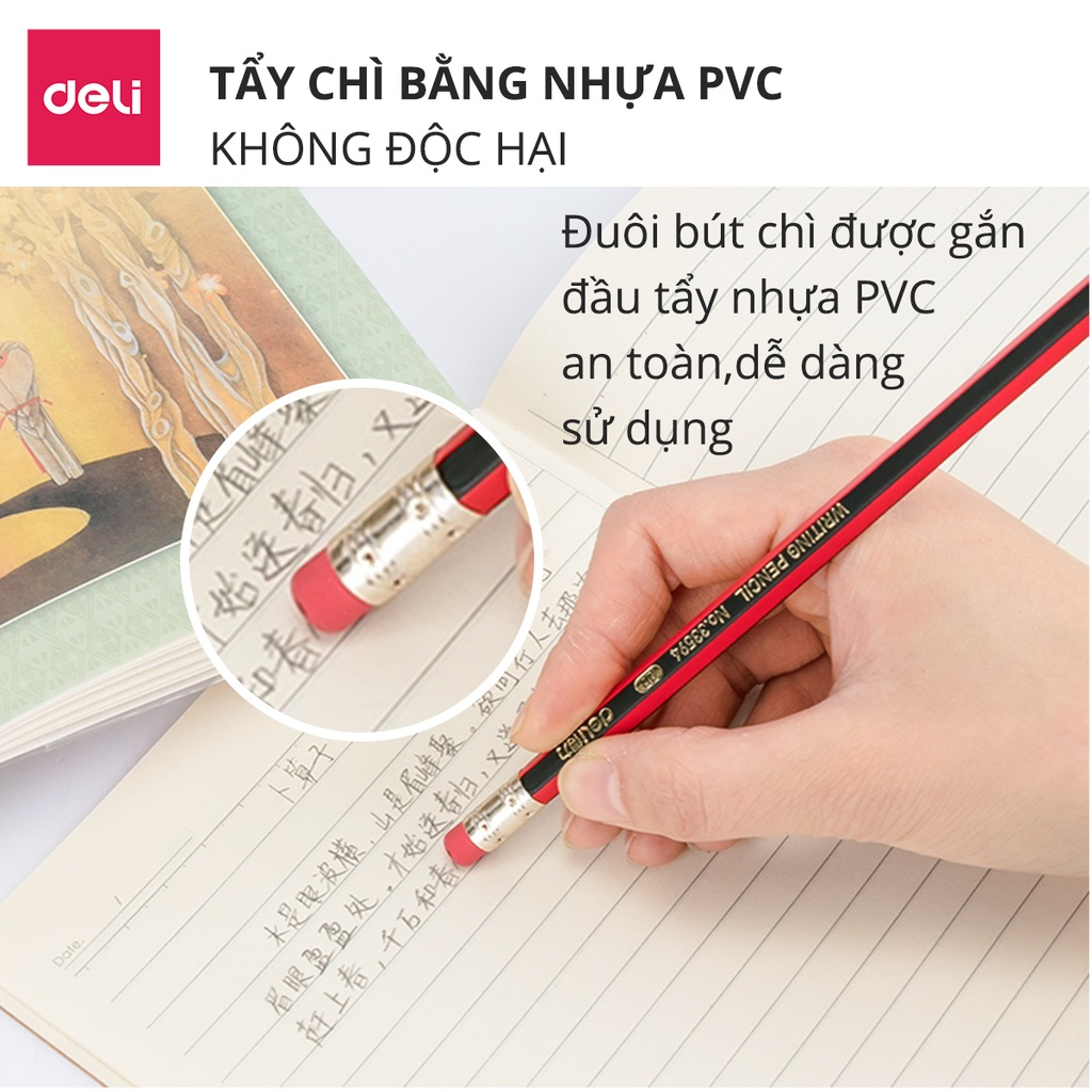 Combo 10/12 Bút Chì Lục Giác 2B HB Có Tẩy Deli – Dễ Gọt, Ruột Đậm – Học Sinh Cấp 1
