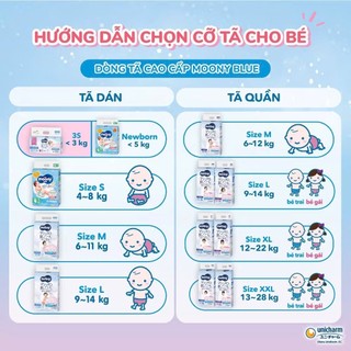BỈM Tã  DÁN/QUẦN MOONY Xanh full SIZE NB86/S70/M56/L54/XL38/XXL26
