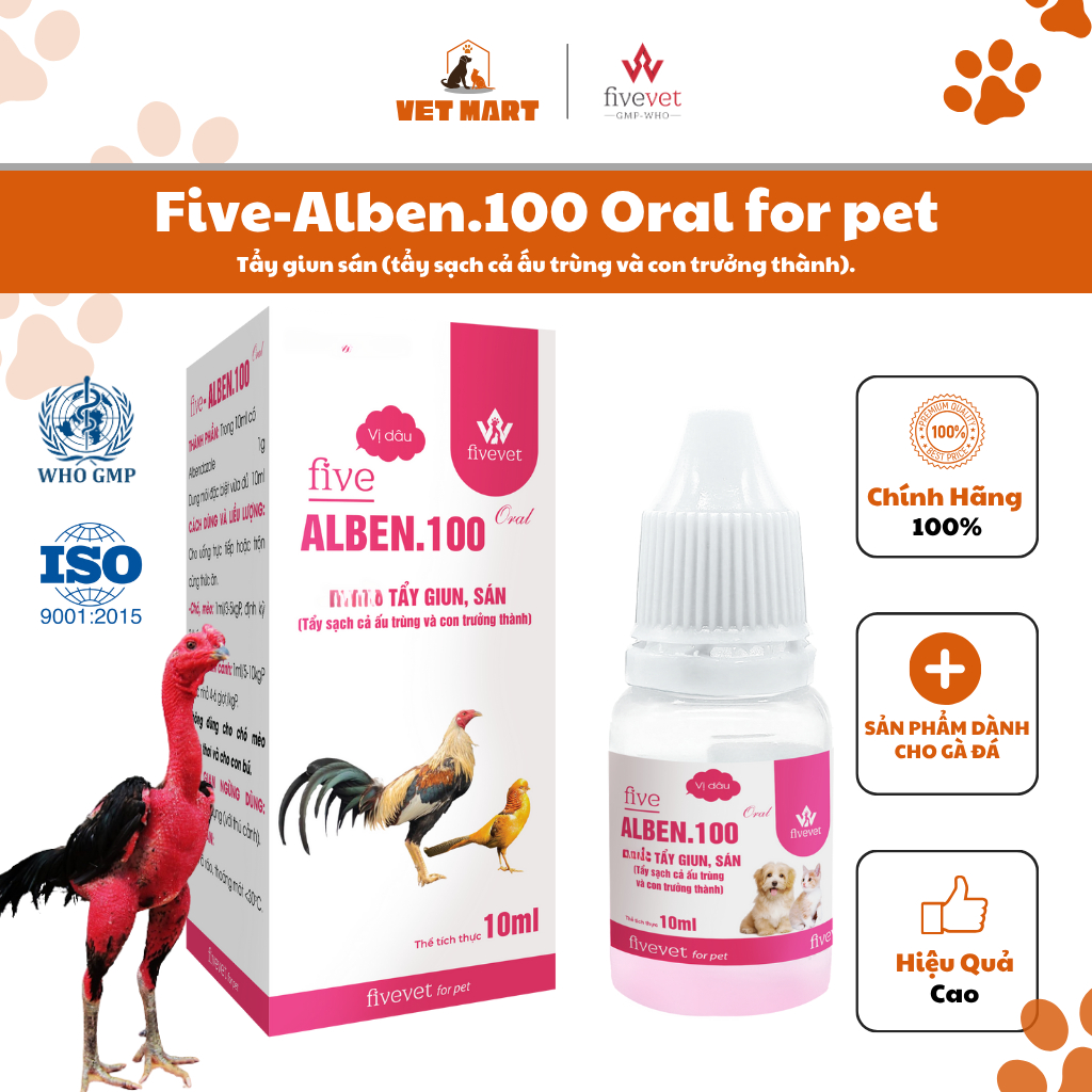 Five-Alben.100 Oral Hỗ Trợ Tẩy Sạch Giun Sán Ấu Trùng Con Trưởng Thành An Toàn Cho Gà Đá