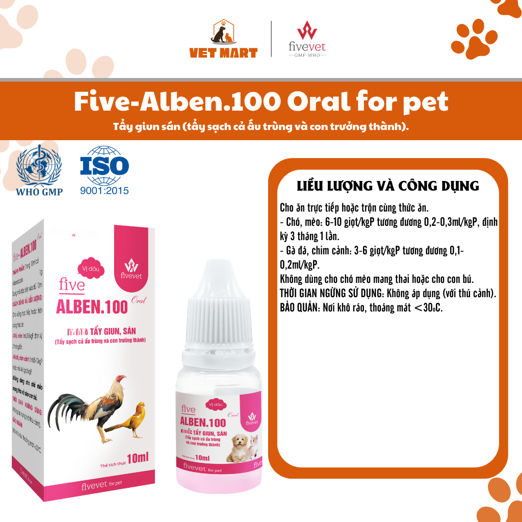 Five-Alben.100 Oral Hỗ Trợ Tẩy Sạch Giun Sán Ấu Trùng Con Trưởng Thành An Toàn Cho Gà Đá