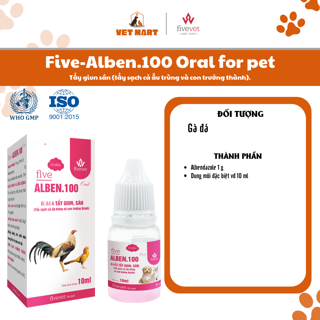 Five-Alben.100 Oral Hỗ Trợ Tẩy Sạch Giun Sán Ấu Trùng Con Trưởng Thành An Toàn Cho Gà Đá
