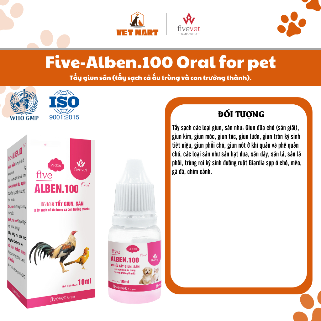 Five-Alben.100 Oral Hỗ Trợ Tẩy Sạch Giun Sán Ấu Trùng Con Trưởng Thành An Toàn Cho Gà Đá