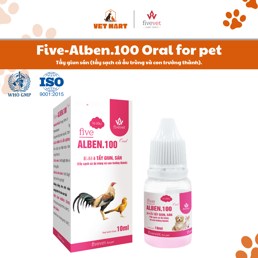Five-Alben.100 Oral Hỗ Trợ Tẩy Sạch Giun Sán Ấu Trùng Con Trưởng Thành An Toàn Cho Gà Đá