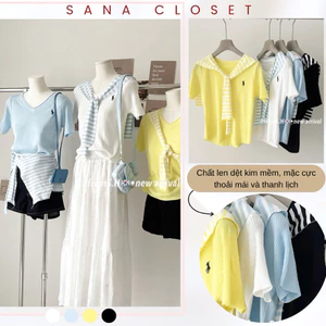 Set Áo len nữ cộc tay kèm khăn thêu hình thanh lịch basic Hàn Quốc - Sana closet