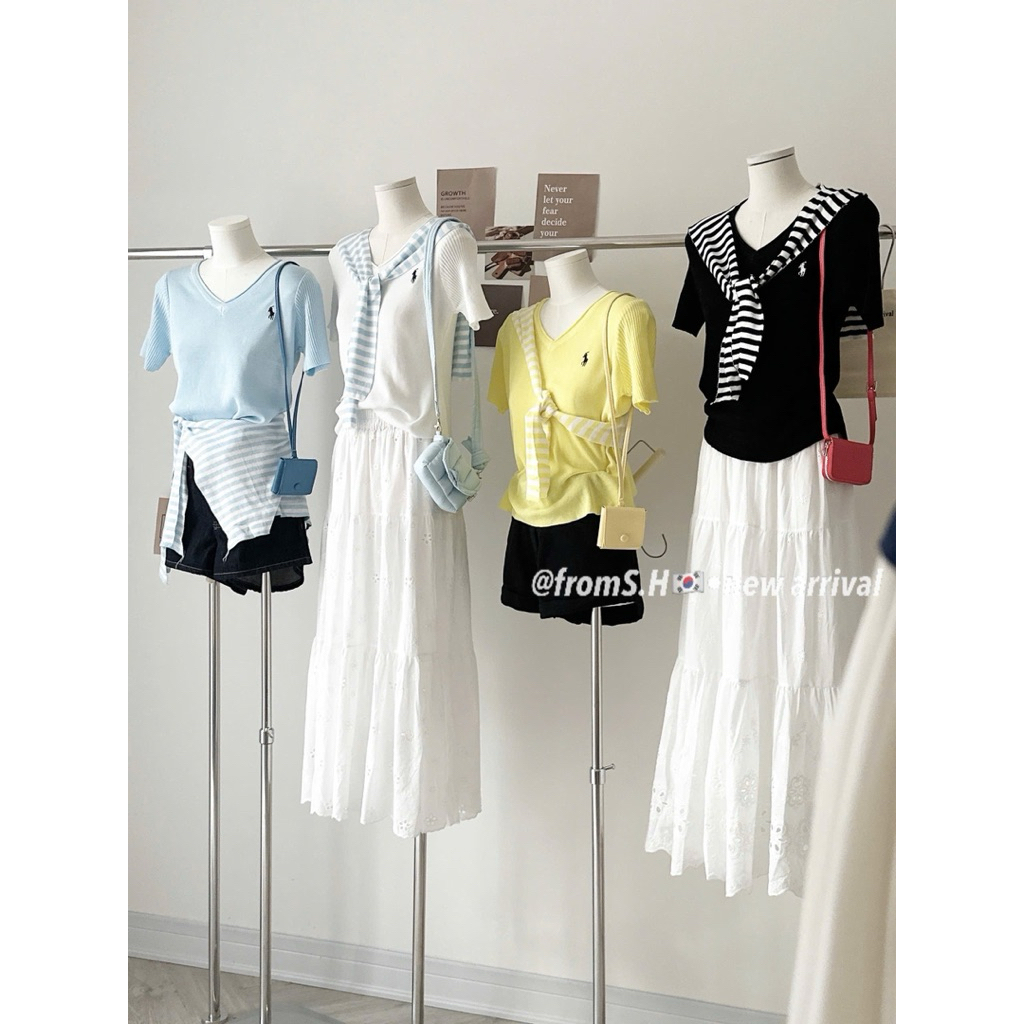 Set Áo len nữ cộc tay kèm khăn thêu hình thanh lịch basic Hàn Quốc - Sana closet