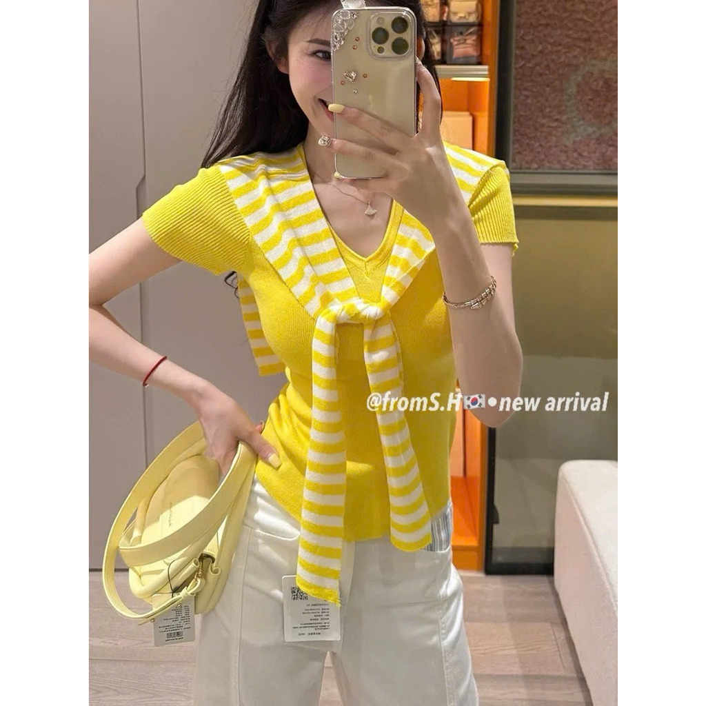 Set Áo len nữ cộc tay kèm khăn thêu hình thanh lịch basic Hàn Quốc - Sana closet