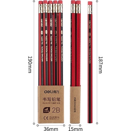 Combo 10/12 Bút Chì Lục Giác 2B HB Có Tẩy Deli – Dễ Gọt, Ruột Đậm – Học Sinh Cấp 1