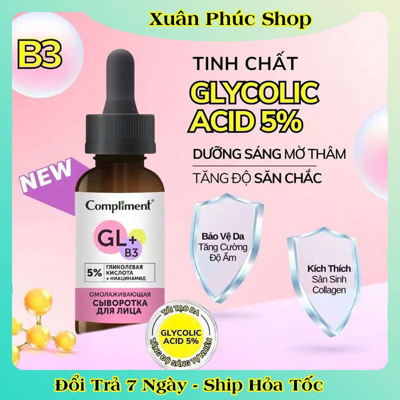 Serum Compliment Glycolic Acid 5% dưỡng sáng da, mờ thâm mụn 27ml của Nga