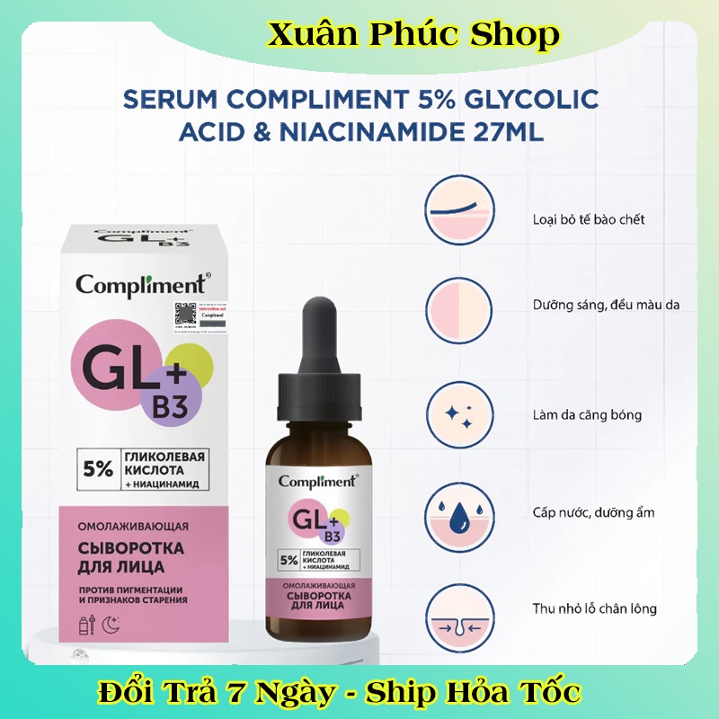 Serum Compliment Glycolic Acid 5% dưỡng sáng da, mờ thâm mụn 27ml của Nga