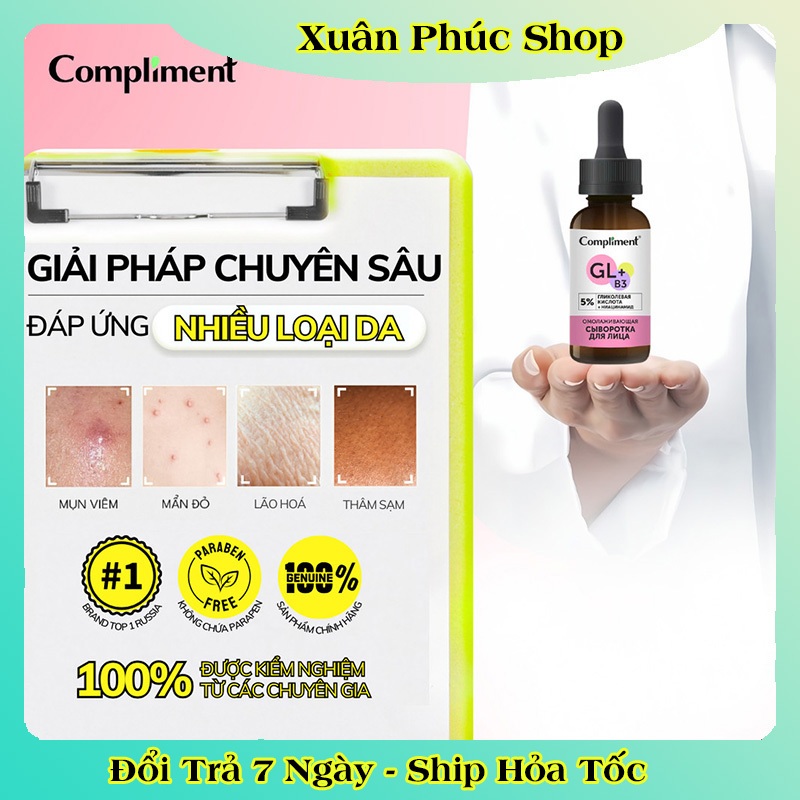 Serum Compliment Glycolic Acid 5% dưỡng sáng da, mờ thâm mụn 27ml của Nga