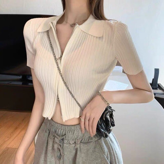 Áo thun tăm đen nữ dáng ngắn cổ bẻ khoá kéo, ôm form chuẩn, cực xinh VANISA CT004