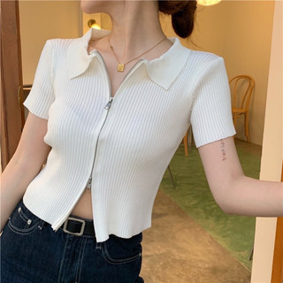 Áo thun tăm đen nữ dáng ngắn cổ bẻ khoá kéo, ôm form chuẩn, cực xinh VANISA CT004
