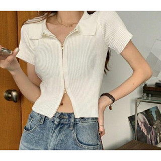 Áo thun tăm đen nữ dáng ngắn cổ bẻ khoá kéo, ôm form chuẩn, cực xinh VANISA CT004