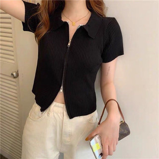 Áo thun tăm đen nữ dáng ngắn cổ bẻ khoá kéo, ôm form chuẩn, cực xinh VANISA CT004
