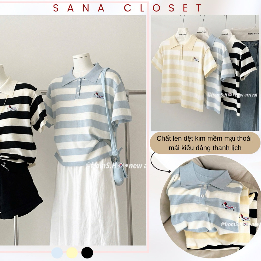 Áo len mongtoghi nữ cộc tay dáng polo cổ bẻ  kẻ ngang thêu hình thanh lịch basic Hàn Quốc - Sana closet