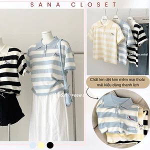 Áo len mongtoghi nữ cộc tay dáng polo cổ bẻ kẻ ngang thêu hình thanh lịch basic Hàn Quốc - Sana closet