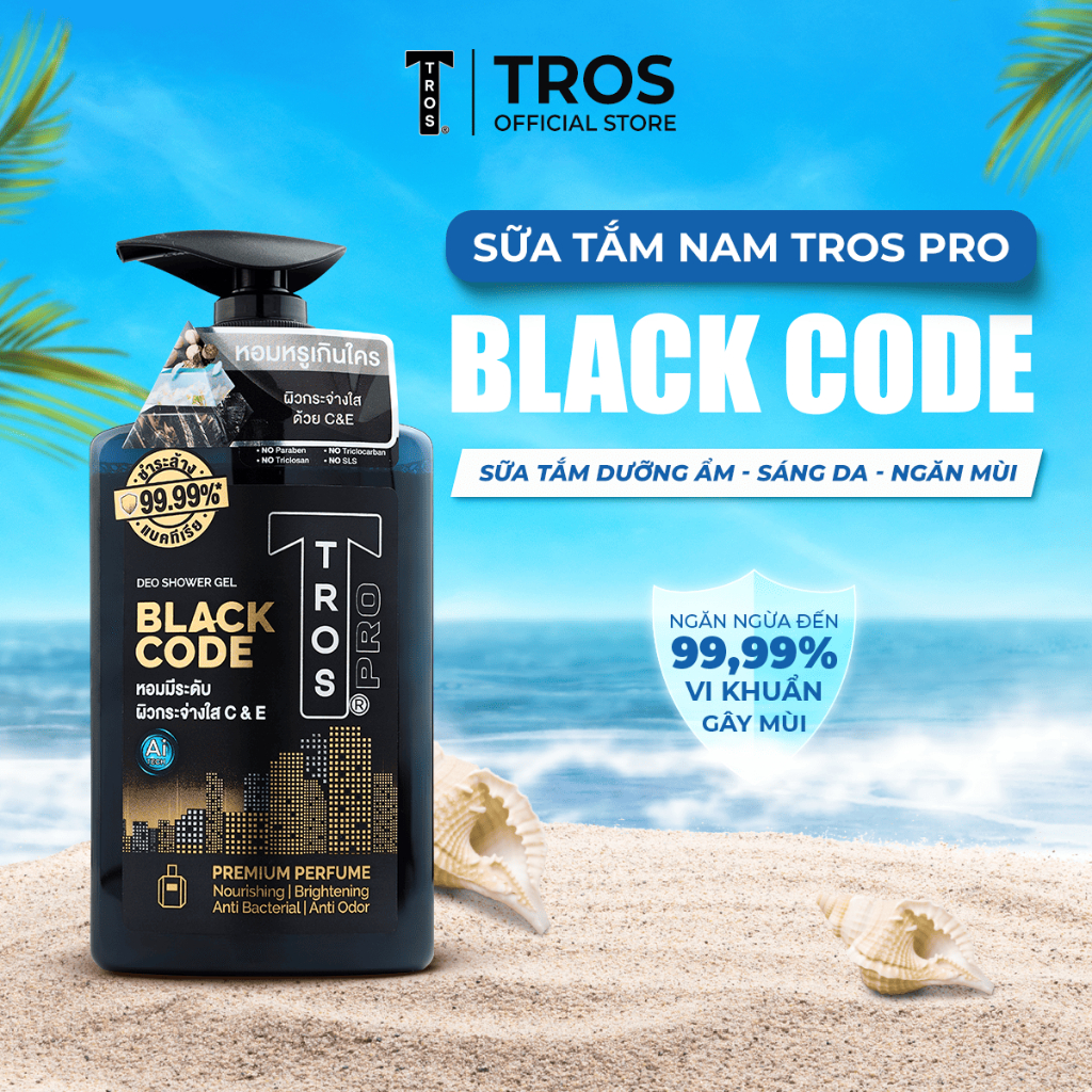 Sữa Tắm Nam TROS BLACK CODE Thái Lan, Hương Nước Hoa Sang Trọng, Dưỡng Ẩm Sáng Da Ngăn Mùi Diệt Khuẩn 450ml