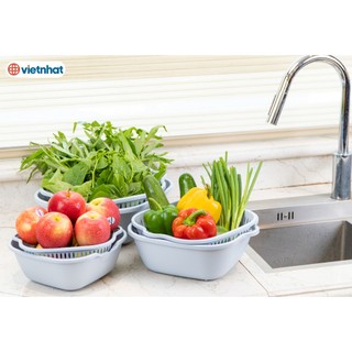 Bộ thau rổ 2 lớp vuông nhựa VIỆT NHẬT - Rửa rau củ quả, trộn thực phẩm - ms: 3288/ 3289/ 3290