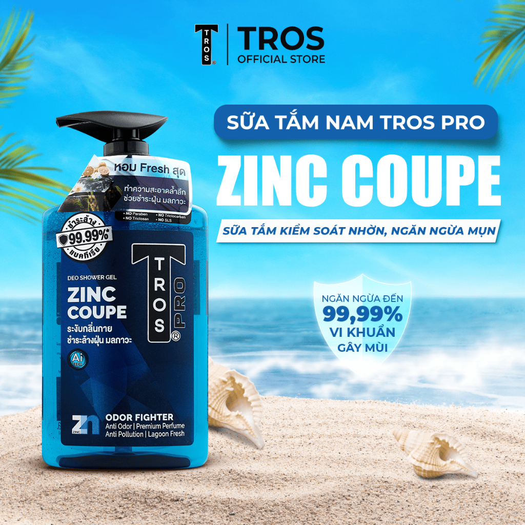 Sữa Tắm Nam TROS ZINC COUPE Thái Lan, Kiểm Soát Nhờn, Ngăn Mụn, Dưỡng Ẩm Sâu 450ml