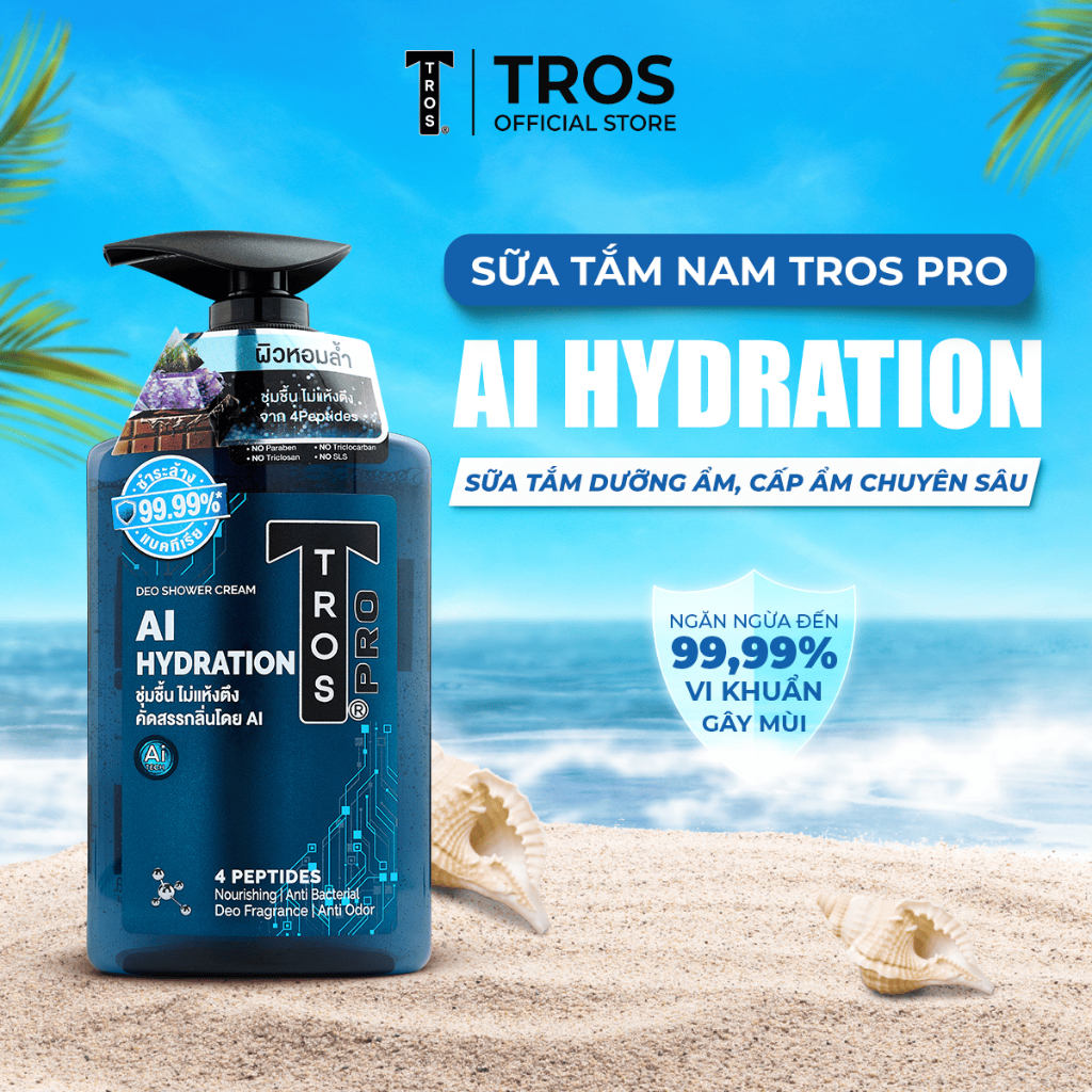 Sữa Tắm Nam TROS AI HYDRATION Thái Lan Chứa Peptide Dưỡng Ẩm Tối Ưu, Hương Thơm Nam Tính 450ml