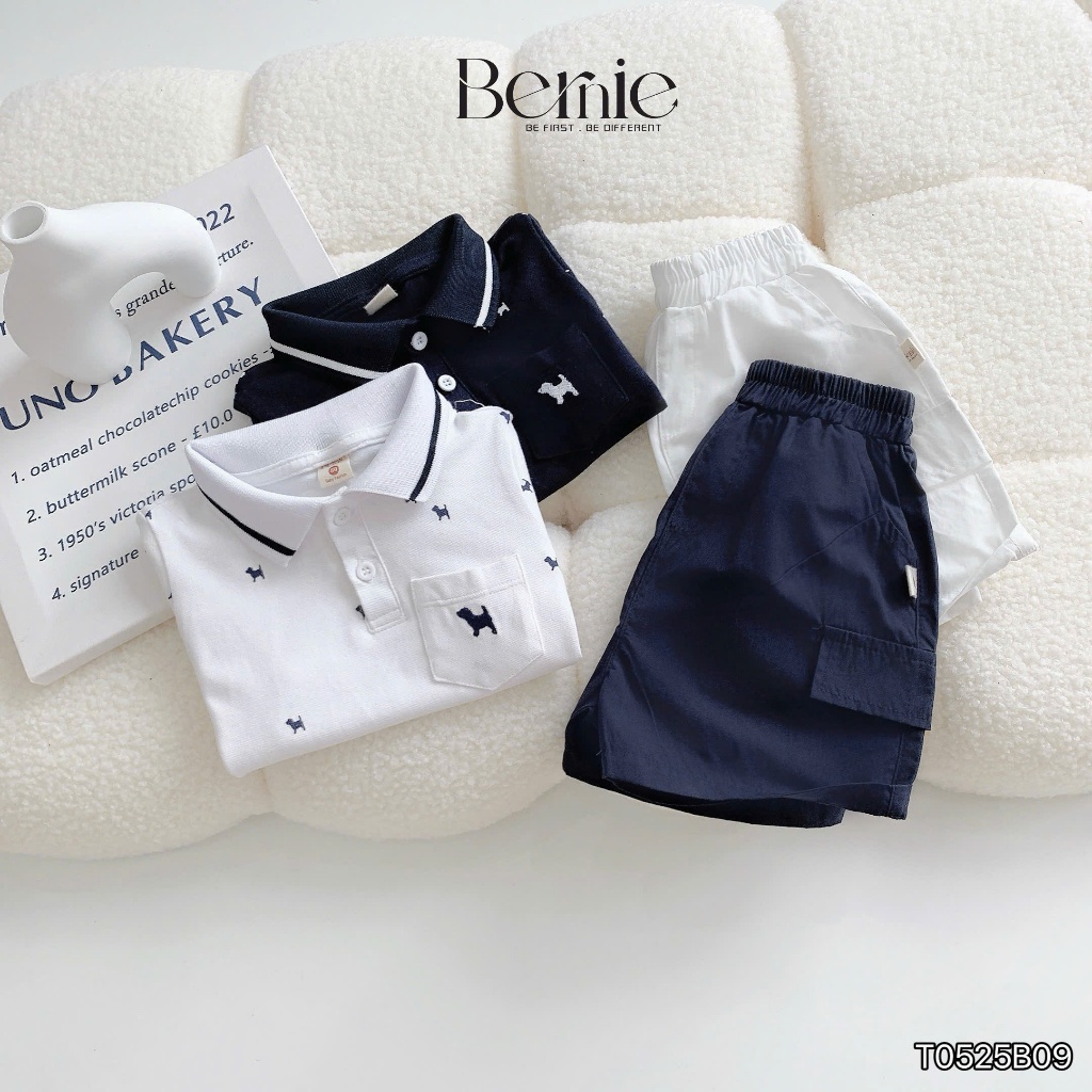 Bộ polo in tràn hoạ tiết puster, set bộ polo bé trai phối quần kaki cá tính T0525B09